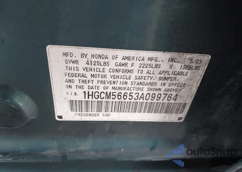 2003 Honda Accord 2.4 Ex z USA, uszkodzony, nr VIN 1HGCM56653A099764